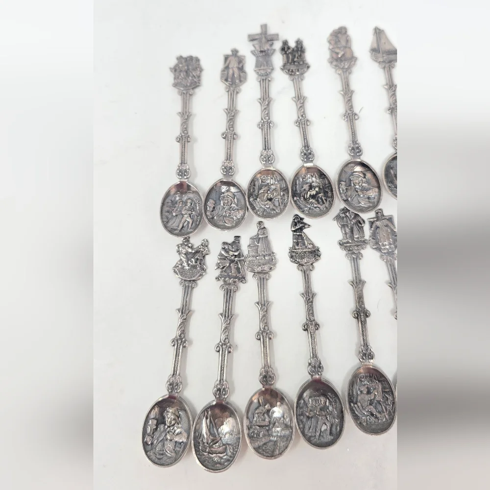 Vtg Holland Dutch demitasse mini spoons stamped novelty ornate figural set of 12